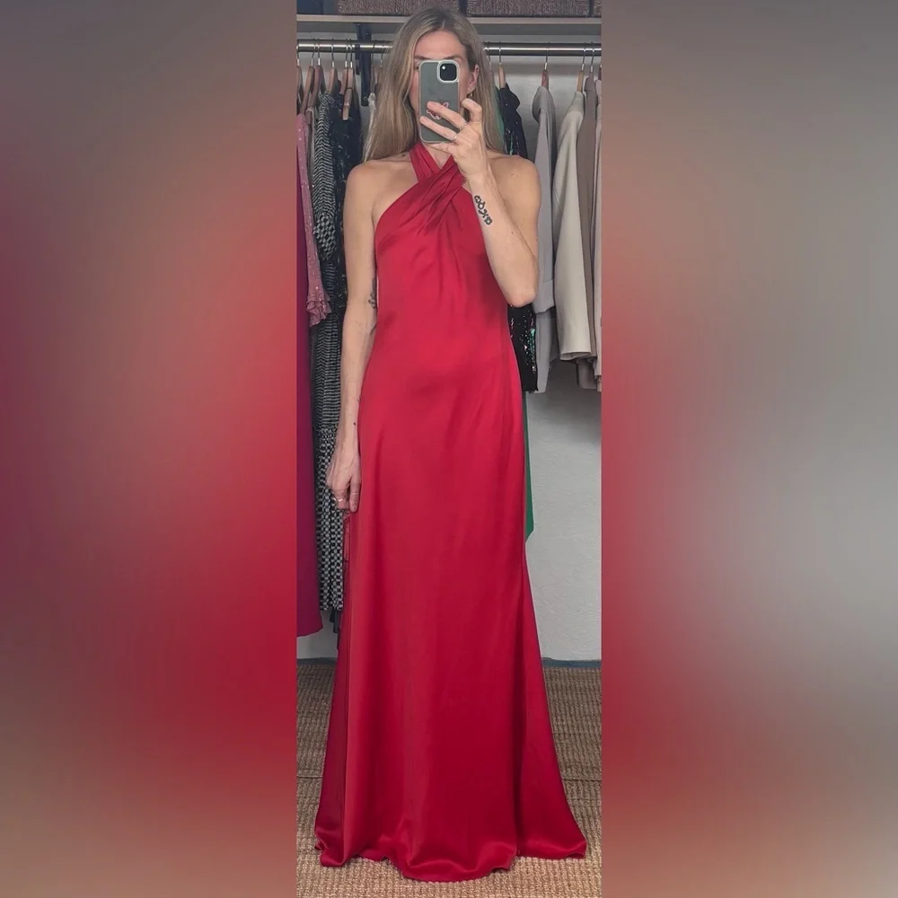NWT BHLDN Anthropologie Red Halter Open Back Satin Effect Maxi Gown Dress - Picture 5 of 11
